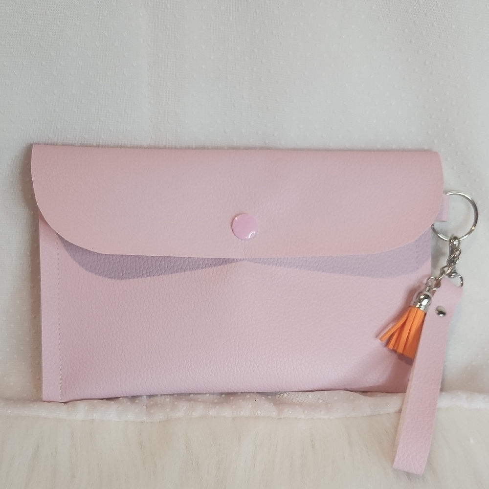 Pink Clutch with Orange Tassel. Handmade.